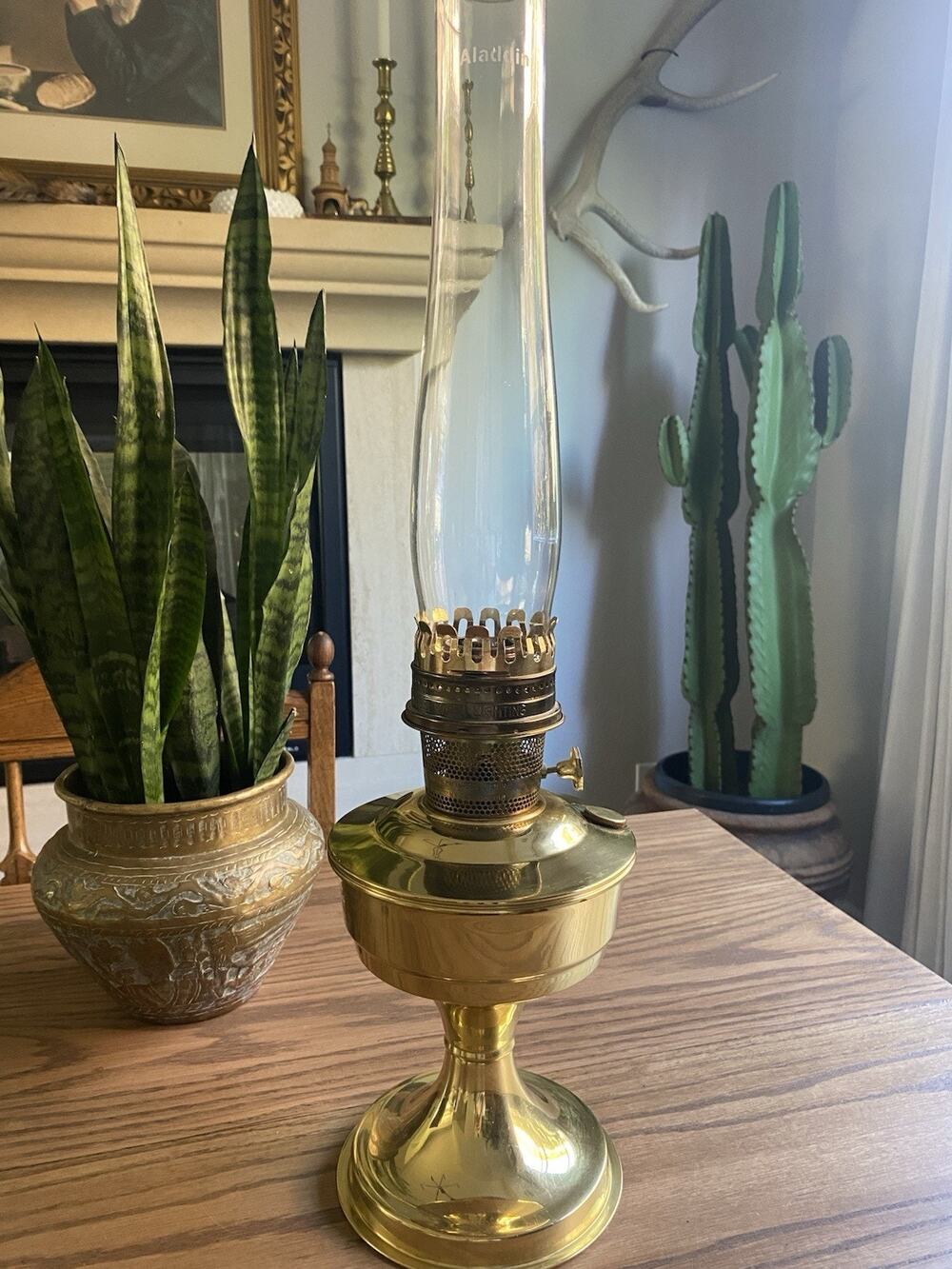 Vintage Aladdin Brass Oil Lamp Central Burner With Glass Chimney